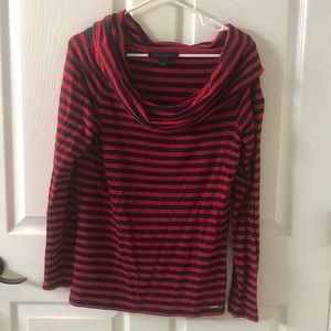 Tommy Hilfiger navy and red striped cowl neck top